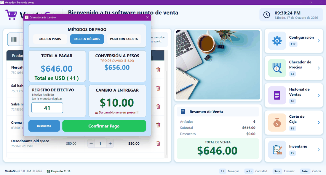 Calculadora de cambio de VentaGo.