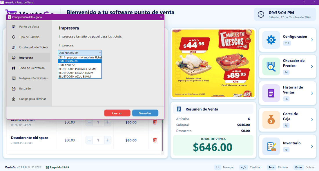 Configuración de VentaGo: impresora, moneda y respaldo.