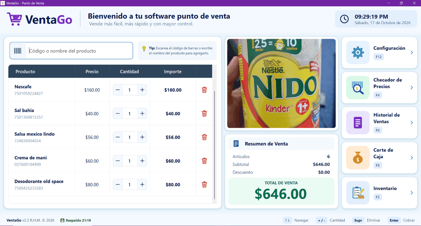Pantalla de venta de VentaGo: el carrito con productos, la publicidad frente al cliente y el total en grande.