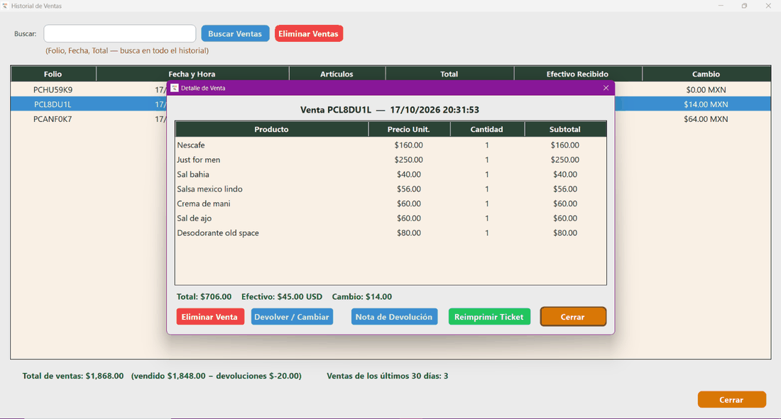 Historial de ventas de VentaGo con folios y totales.